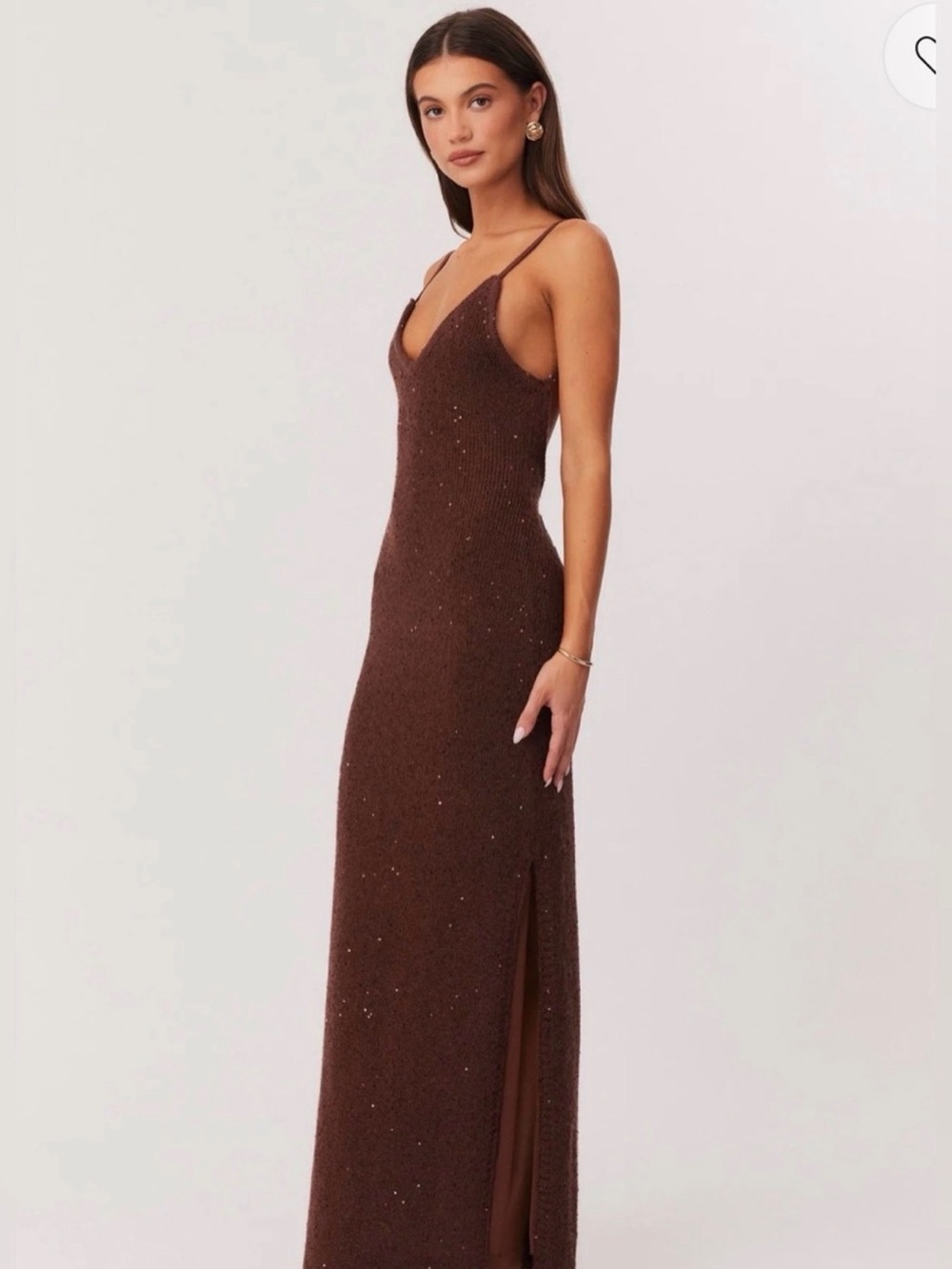 Brown Sparkle Maxi Slip Dress with V-Neck - Picture 2 of 4